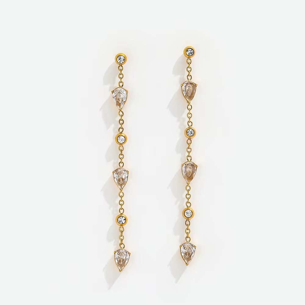 Gold Plated Stainless Steel and CZ Dangle Earrings